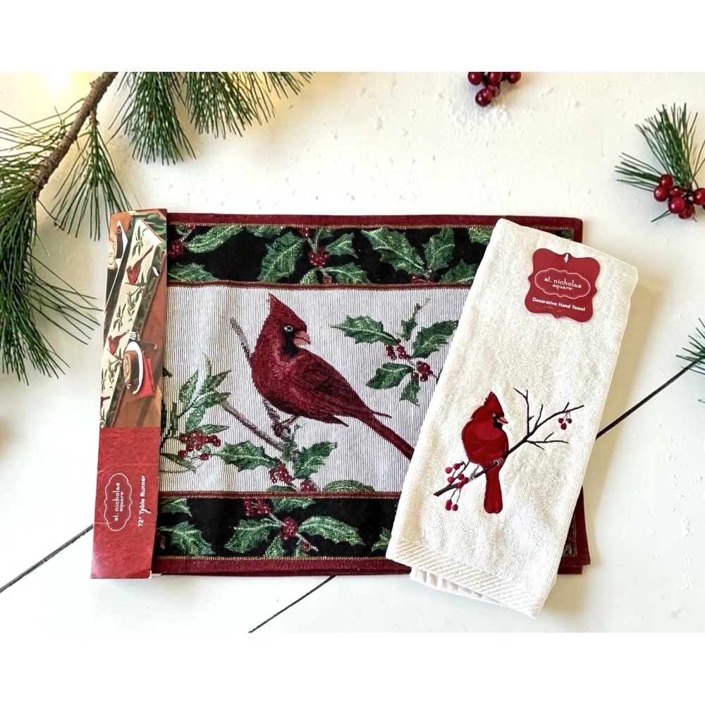 Vtg St Nicholas Square Cardinal Tapestry Christmas TABLE RUNNER & 1 Dish Towel